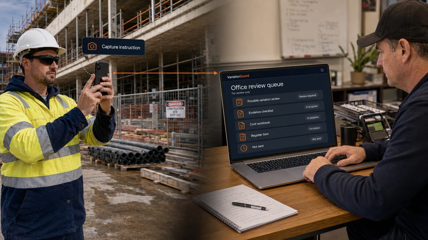 Field-to-office workflow showing a subcontractor capturing an instruction onsite and an office user reviewing it in VariationGuard.