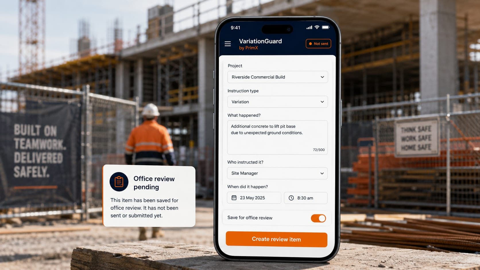 VariationGuard mobile field capture screen showing project, instruction type, details, instructor, date and create review item button.