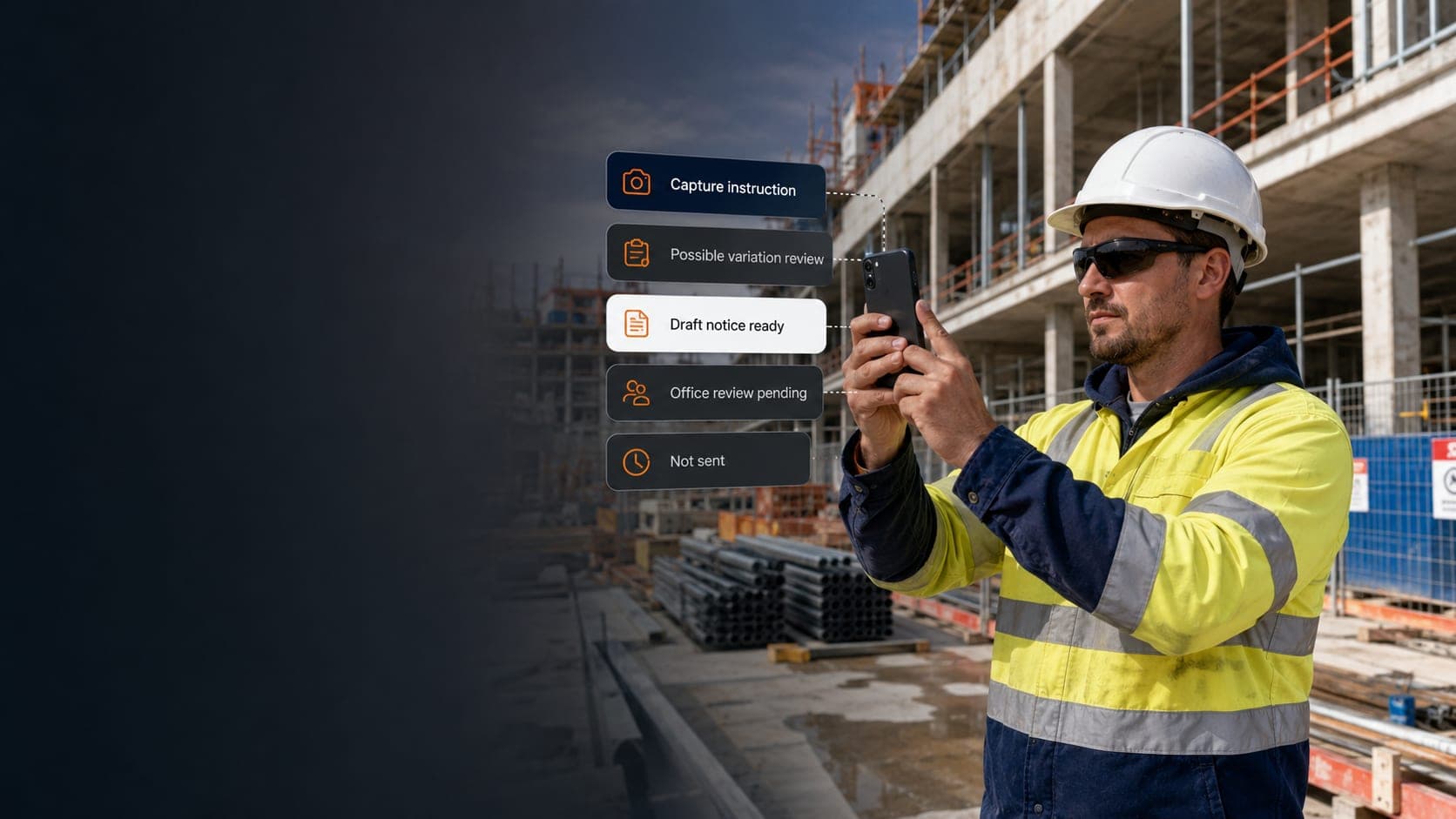 Subcontractor onsite capturing an instruction with VariationGuard status cards for draft notice, office review and not sent.